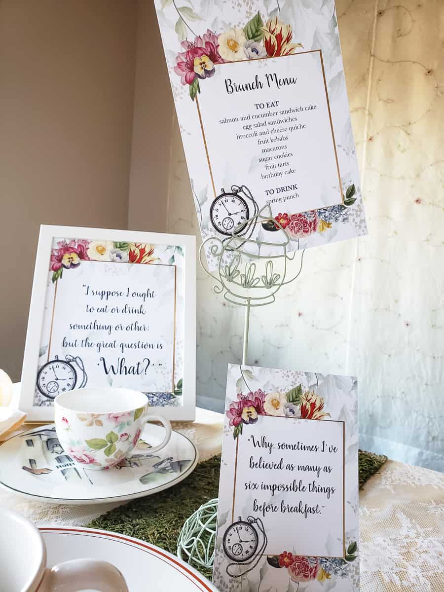 Alice’s Adventures in Wonderland brunch menu and party signs