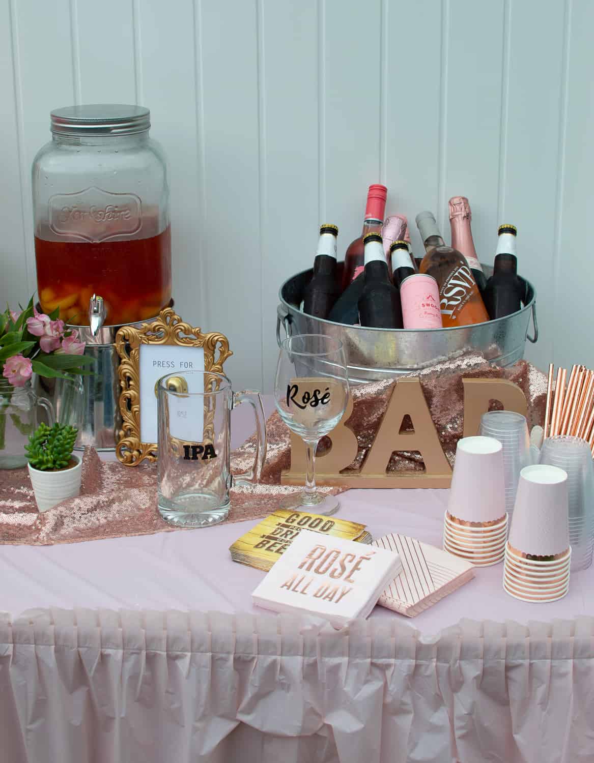 Rosé and IPA Wedding Shower Drinks Table
