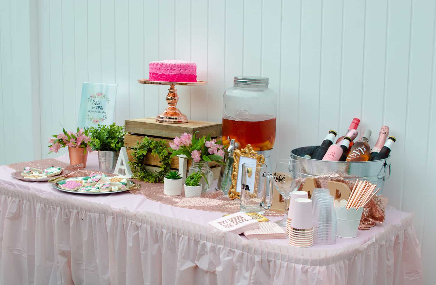 Rosé and IPA Wedding Shower Dessert and Drinks Table side view
