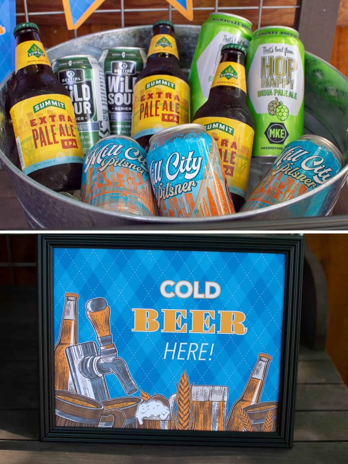 bucket of beer with "Cold Beer Here" sign