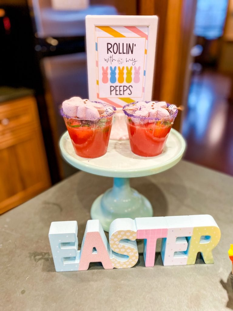 Rollin With My Peeps Easter Bunco Sign and drinks