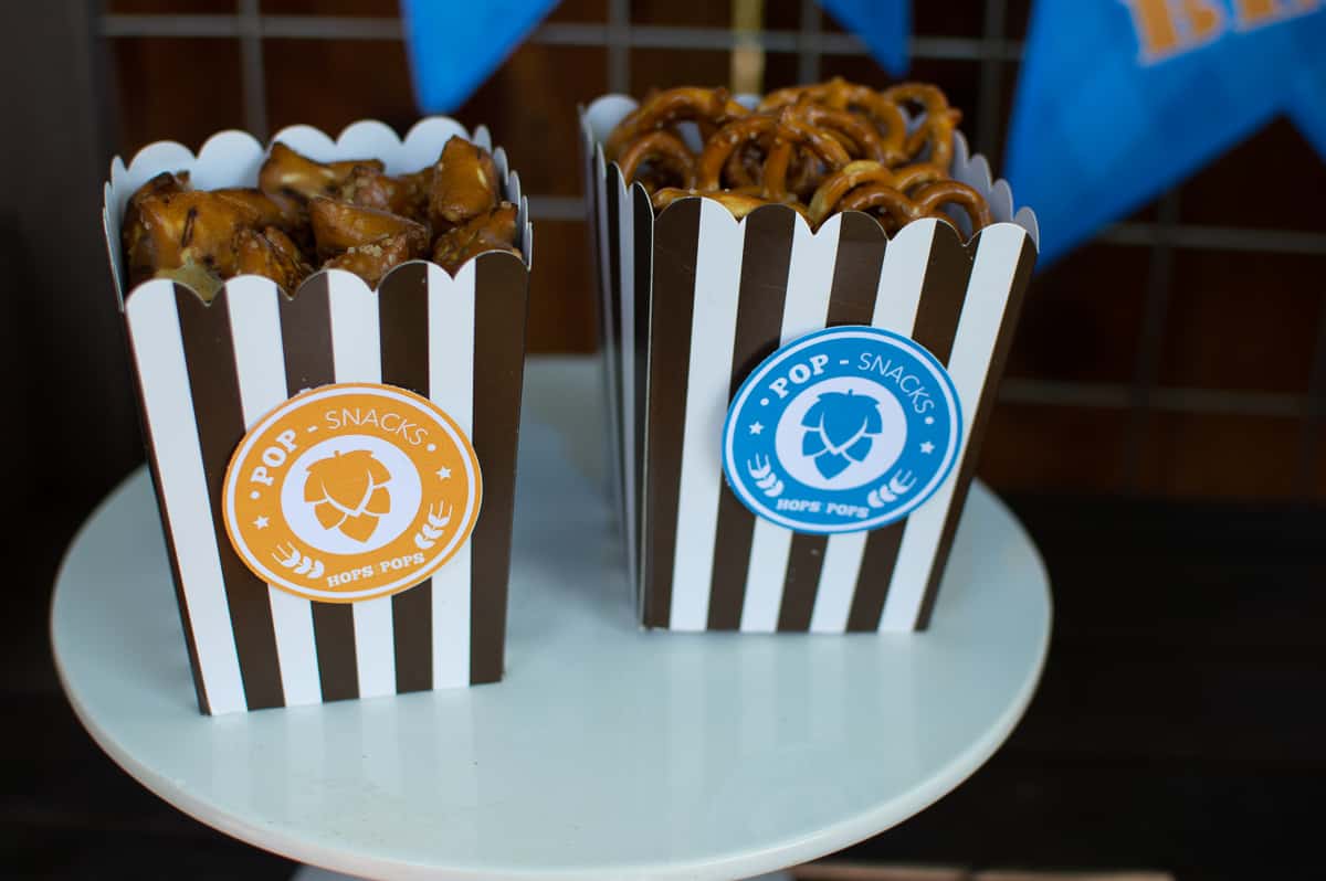 Pretzels served in mini popcorn boxes at Hops for Pops Father's Day Beer Tasting Party 