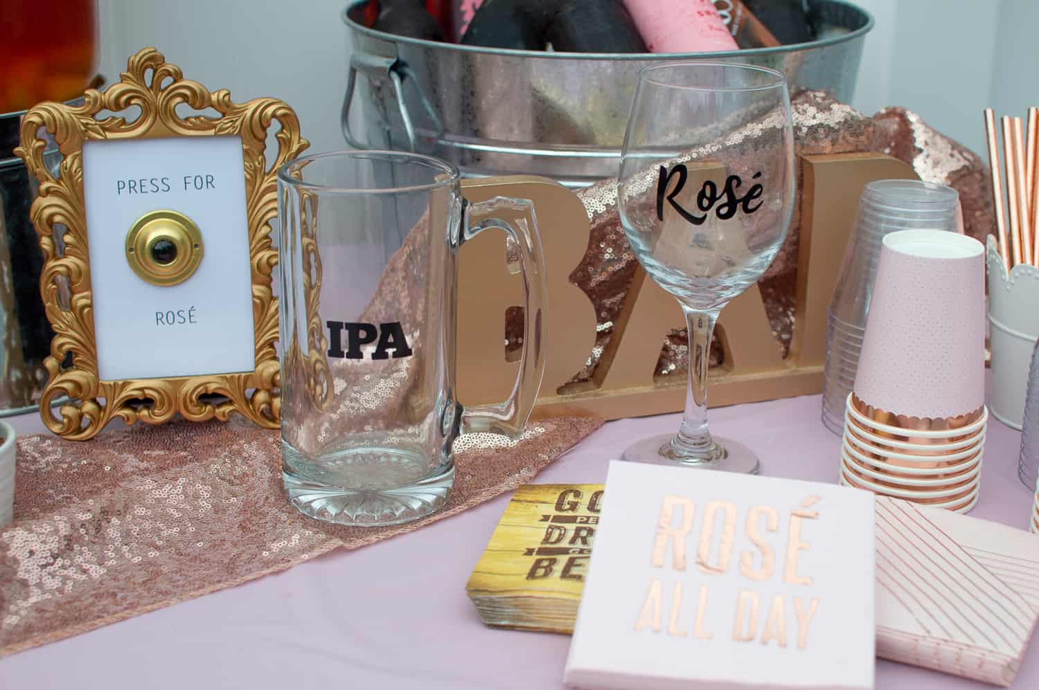 Press for Rosé DIY Party Decor and Bride and Groom Beverage Glasses