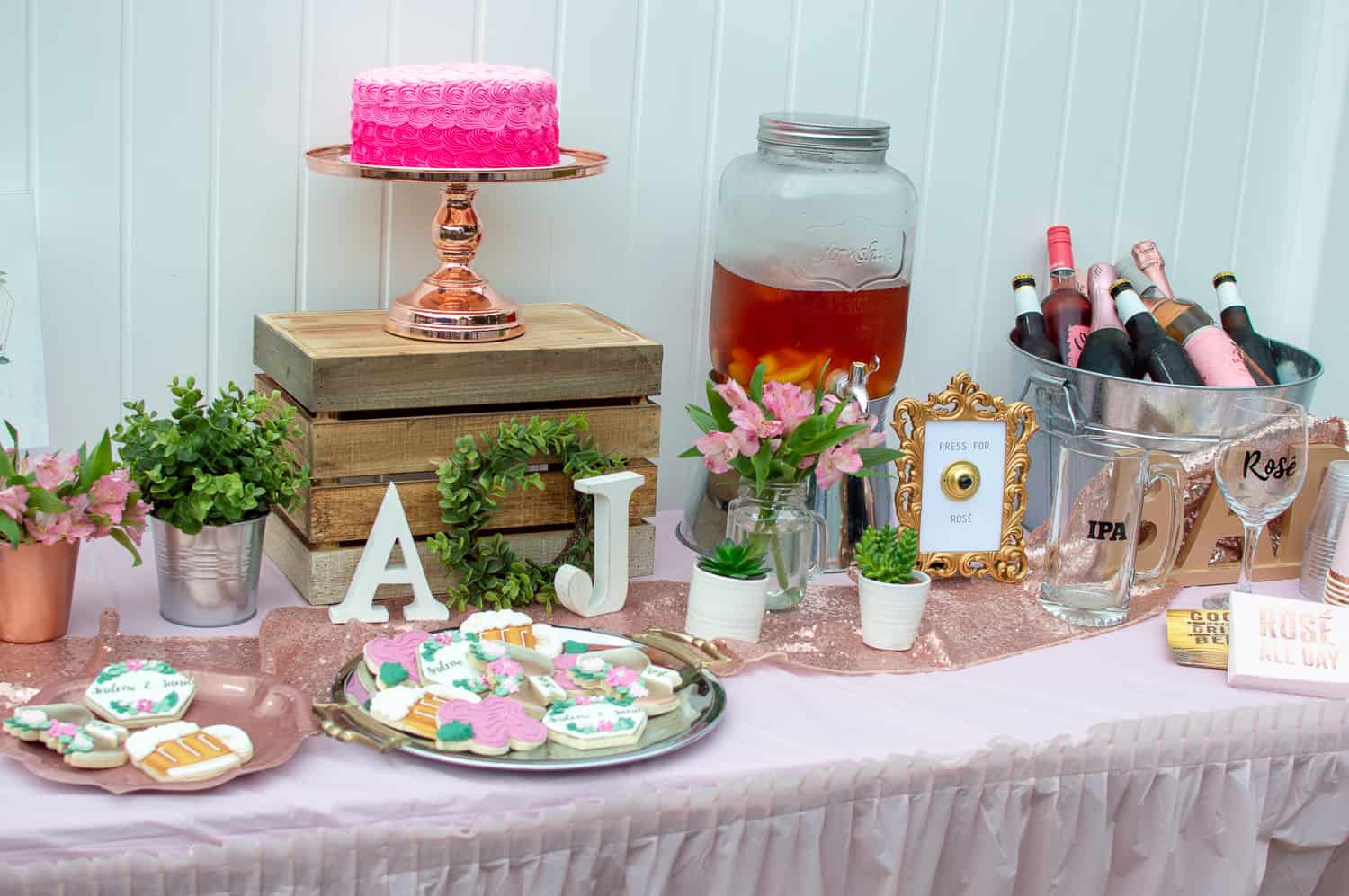 Rosé and IPA Wedding Shower Dessert and Drinks Table